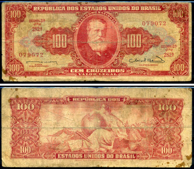 Бразилия 100 крузейро 1963 Соединённые Штаты Бразилии Pick 180 бумага 7148-3-2-2