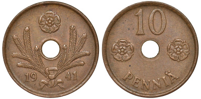 Финляндия 10 пенни 1941 KM 33.1 медь 51-3554