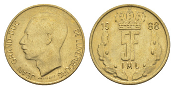 Люксембург 5 франков 1988 Герцог Жан (1964-1999) KM 60 алюминиевая бронза UNC 4641-1051