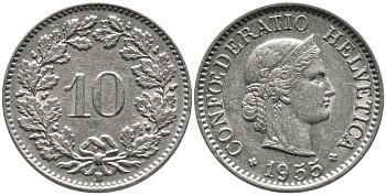ШВЕЙЦАРИЯ 10 РАППЕНОВ 1955 В KM 27 медно-никель 4539-447