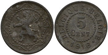 Бельгия 5 сантимов 1916 германская оккупация Первая мировая война, Альберт I (1910-1934) KM 80 цинк 4160-1114