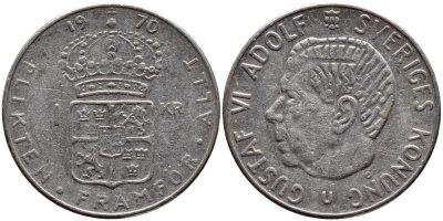 Швеция 1 крона 1970 Густав VI Адольф (1950-1973) KM 826a медь плакированная медно-никелем 4388-941