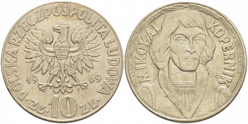 ПОЛЬША 10 ЗЛОТЫХ 1969 MW, НИКОЛАЙ КОПЕРНИК KM 51a медно-никель 4403-615