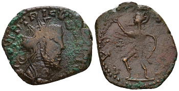 Римская Империя, императоры в Галлии антониниан 273 - 274 Тетрик, IMP C TETRICVS P F AVG, бюст императора / ORIENS AVG, бог Соль, локальная чеканка в Галлии RIC 98 биллон 1073-25-104