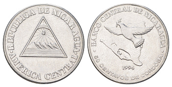 Никарагуа 50 сентаво 1994 голубь мира KM 83 хромированная сталь 4622-1222