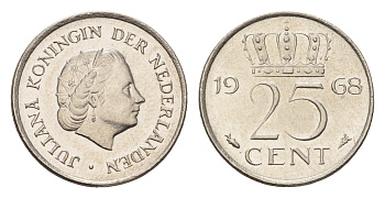 Нидерланды 25 центов 1968 Юлиана (1948-1980) KM 183 никель 4658-853