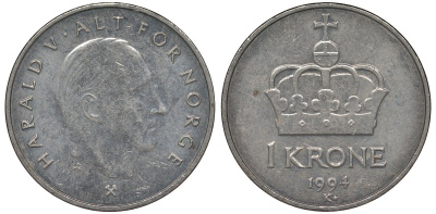 Норвегия 1 крона 1994 Харальд V (1991-) KM 436 медно-никель 4128-1112