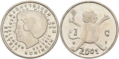 Нидерланды 1 гульден 2001 прощай гульден, детский рисунок, лев с флагом в руках KM 233 никель UNC 4116-122
