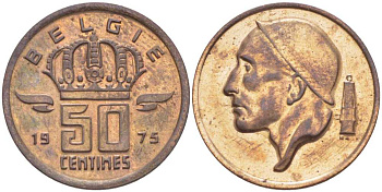 Бельгия 50 сантимов 1975 Belgie, Бодуэн I (1951-1993) KM 149.1 бронза 214-636