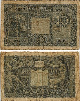 Италия 10 лир 1944 BoLaffi, CavalLaro Pick 32c, Grapanzano BS 49 бумага 8564-15-4-1