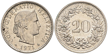 Швейцария 20 раппенов 1971 KM 29а медно-никель 4576-963