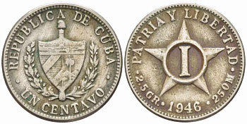 Куба 1 сентаво 1946 звезда, первая Республика (1902-1961) KM 9.2 медно-никель 105-462