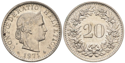 Швейцария 20 раппенов 1971 KM 29а медно-никель 4576-963