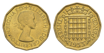 Великобритания 3 пенса 1953 Елизавета II (1952-2022) KM 886, Spink 4152 никель латунь UNC 73-1212