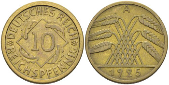 ГЕРМАНИЯ 10 РЕЙХСПФЕННИГОВ 1925 A KM 40, J. 317, Weege 9 алюминиевая бронза 210-343
