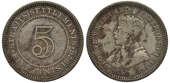 Стрейтс-Сетлментс 5 центов 1926 Георг V (1910-1936) КМ 36 серебро 53-525