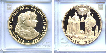 НИДЕРЛАНДЫ МЕДАЛЬ ND 10 ИЮНЯ 1892 ВСТУПЛЕНИЕ НА ПРЕСТОЛ ВИЛЬГЕЛЬМИНЫ ПРИ РЕГЕНТСТВЕ МАТЕРИ КОРОЛЕВЫ ЭММЫ бронза, позолота PROOF 5-3-1-91