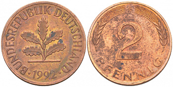 ФРГ 2 ПФЕННИГА 1992 G KM 106a, J.381a сталь плакированная сталь плакированная медьюю 4396-1623