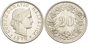 Швейцария 20 раппенов 1970 KM 29а медно-никель 4544-322