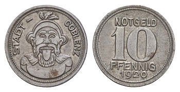 Кобленц 10 пфеннигов 1920 Funck 80.3, Men05 4526.8, Men18 5727.8 железо 4643-1043