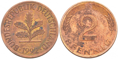 ФРГ 2 ПФЕННИГА 1992 G KM 106a, J.381a сталь плакированная сталь плакированная медьюю 4396-1623
