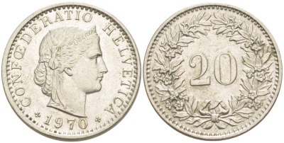 Швейцария 20 раппенов 1970 KM 29а медно-никель 4544-322
