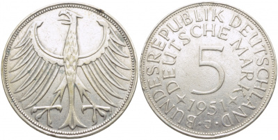 ФРГ 5 марок 1951 J (Гамбург), J. 387, KM 112.1 серебро 111-736
