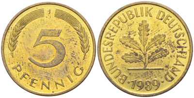 ФРГ 5 пфеннигов 1989 J KM 107, J.382 сталь плакированная латунью 4174-753