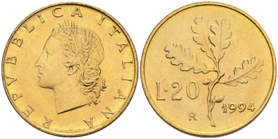 Италия 20 лир 1994 R, дубовый лист KM 97.2 алюминиевая бронза  UNC  4594-913