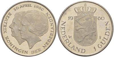 Нидерланды 1 гульден 1980 на коронацию Беатрикс, 30 апреля 1980 KM 200 никель 67-622