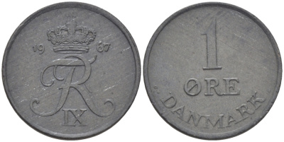 ДАНИЯ 1 ЭРЕ 1967 С; S, ФРЕДЕРИК IX (1947-1972) KM 839.2 цинк UNC 100-253