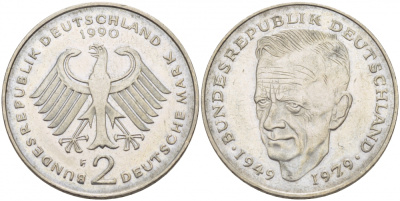 ФРГ 2 МАРКИ 1990 F, КУРТ ШУМАХЕР KM 149, J. 424 медно-никель плакированный никелем 3718-955