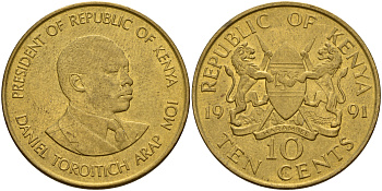 Кения 10 центов 1991 Дэниэл арап Мои KM 18 никель латунь 4599-1135