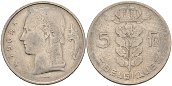 БЕЛЬГИЯ 5 ФРАНКОВ 1965 BELGIQUE KM 134.1 медно-никель 92-422