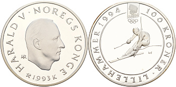 Норвегия 100 крон 1993 зимние Олимпийские игры 1994 года в Лиллехаммере, слалом KM 450 серебро  PROOF  01-234-31