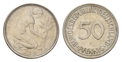 ФРГ 50 пфеннигов 1970 F KM 109, J. 384 медно-никель 4621-126