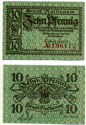 Ратенов 10 пфеннигов 1917 1 мая 1917, нотгельд, земля Бранденбург, текст коричневый Grabowski R8.1b бумага 2195-18-3-2