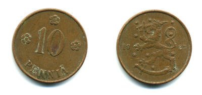Финляндия 10 пенни 1927 республика (1918-1962) KM 24 медь 46-1547