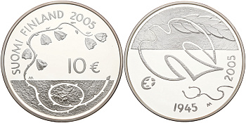 Финляндия 10 евро 2005 60 лет мира в Европе, голубь мира KM 120 серебро PROOF 1066-11-21