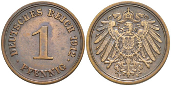 ГЕРМАНИЯ 1 ПФЕННИГ 1912 E KM 10, Jager. 10, Weege 2 медь 4528-865