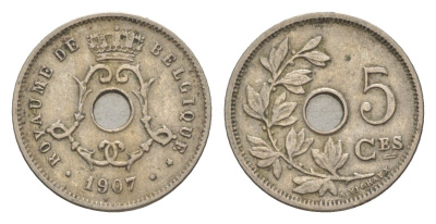 Бельгия 5 сантимов 1907 Belgique, Леопольд I (1865-1909) KM 54 медно-никель 4615-852