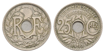 Франция 25 сантимов 1919 KM 867a, Le Franc 171.7 медно-никель 3856-311