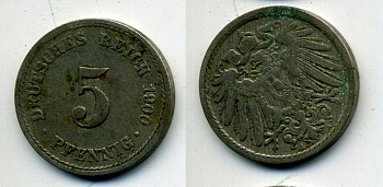 ГЕРМАНИЯ 5 ПФЕННИГОВ 1900 A, KM 11, J. 12 медно-никель 58-1157