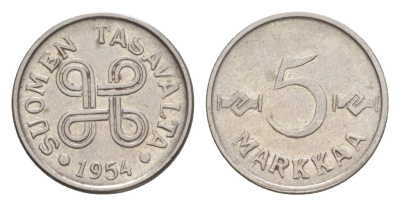 Финляндия 5 марок 1954 KM 37a железо плакированное никелем 4647-442