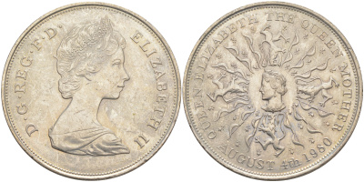 Великобритания 25 пенсов 1980 80 лет королеве Елизавете-королеве матери, Елизавета II (1952-2022) KM 921, Spink 2228 медно-никель 4552-514