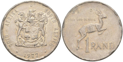 ЮАР 1 ранд 1977 антилопа спрингбок, герб KM 88а никель 4545-833