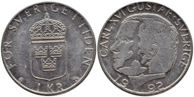 Швеция 1 крона 1992 Карл XVI Густав (1973- ) KM 852a медно-никель 4384-634