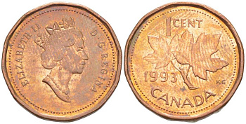 Канада 1 цент 1993 Елизавета II (1952-2022), кленовый лист KM 181 бронза 39-463