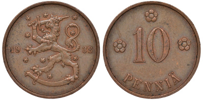 Финляндия 10 пенни 1938 KM 24 медь 51-3031