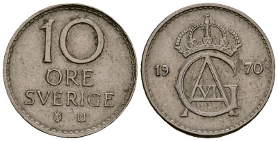 Швеция 10 эре 1970 Густав VI Адольф (1950-1973) KM 835 медно-никель 4173-738
